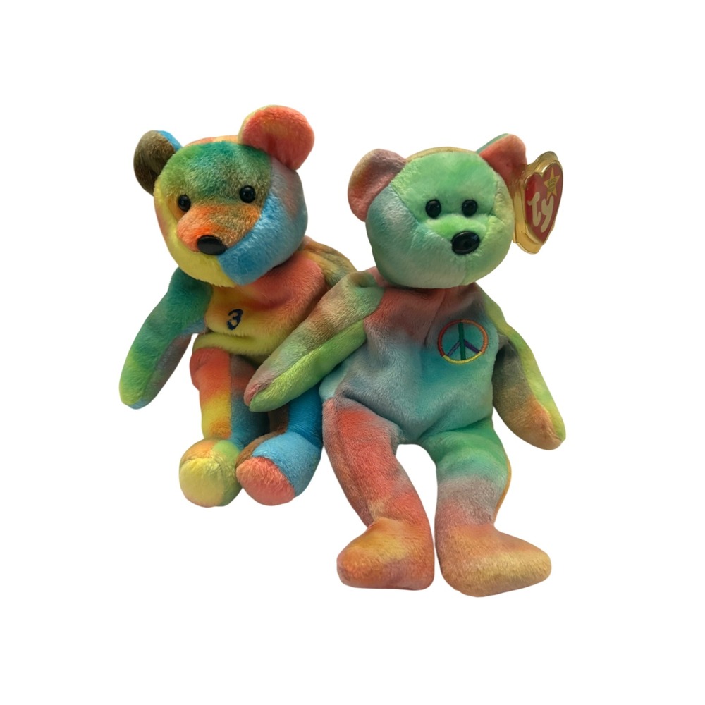 Ty Beanie Babies Peace Bear and Rodriguez 3 Bear Tie Dye Plush Set 1996 Vintage